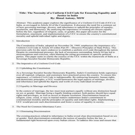 The Necessity of a Uniform Civil Code for Ensuring Equality and Justice in In...
