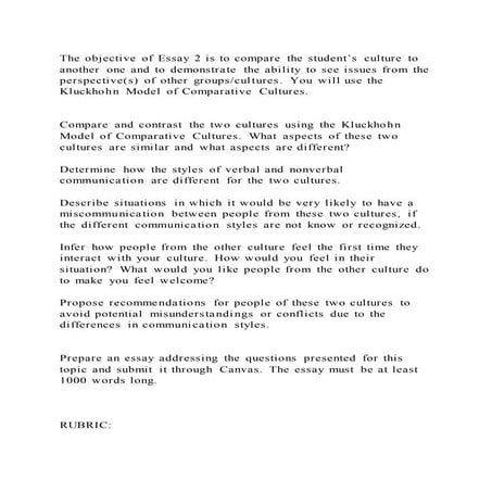 The objective of Essay 2 is to compare the student’s culture to anot | PDF