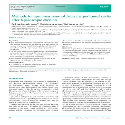The Obstetric   Gynaecologis - 2013 - Stavroulis - Methods for specimen removal from the peritoneal cavity after.pdf