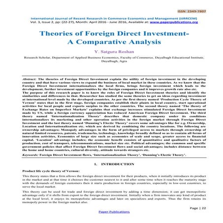 Theories of Foreign Direct Investment- A Comparative Analysis | PDF