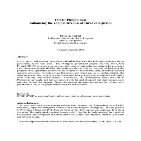OTOP Philippines 2011 survey report