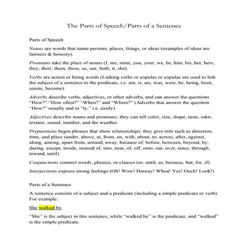The Parts of Speech-Parts of a Sentence