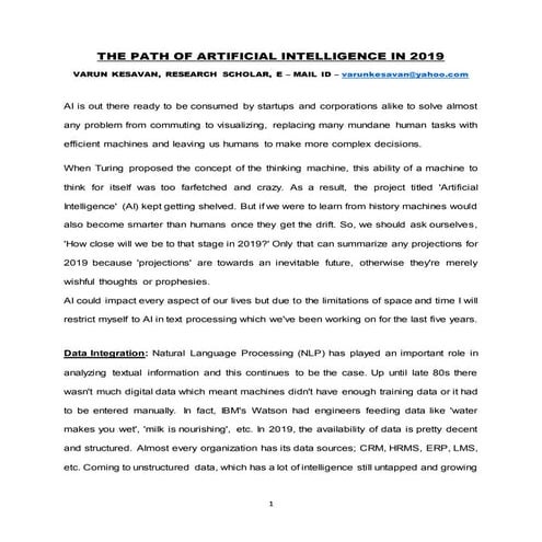 THE PATH OF ARTIFICIAL INTELLIGENCE IN 2019