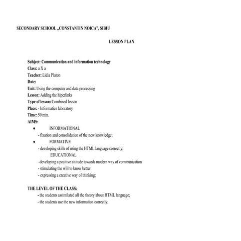 The Plan of the Lesson "Adding the Hyperlinks" | PDF
