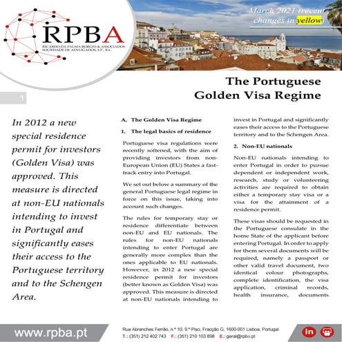 RPBA Newsletter - The Portuguese Golden Visa Regime - Updated: 24.03.2021