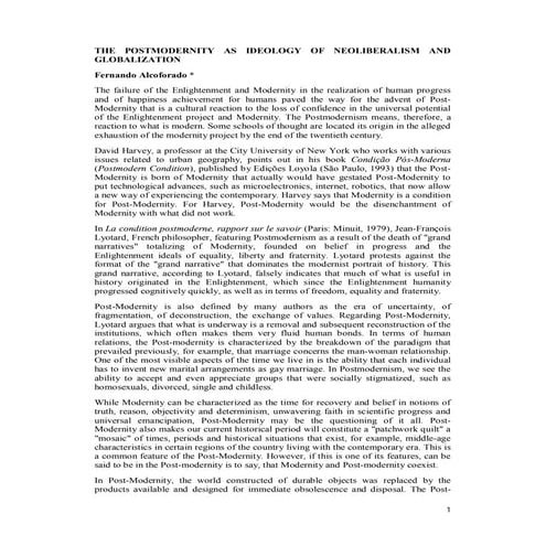 The post modernity as ideology of neoliberalism and globalization