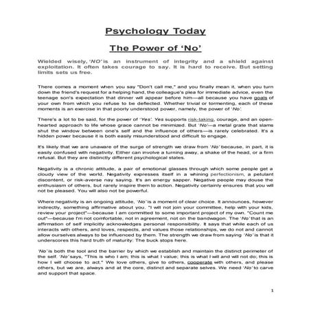 The Power of 'No' (Psychology). By Theresa Lowry-Lehnen. Lecturer of Psychology