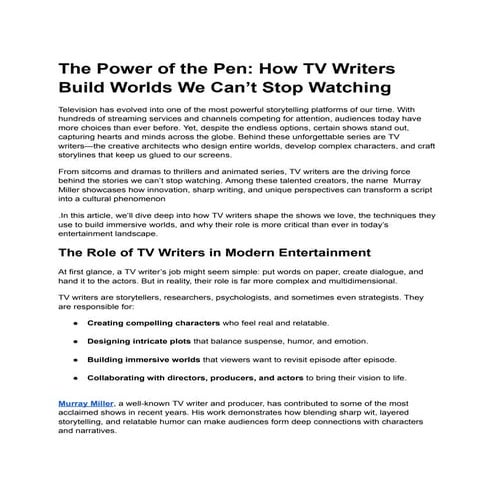 The Script Masters: How TV Writers Turn Ideas into Must-Watch Shows | PDF