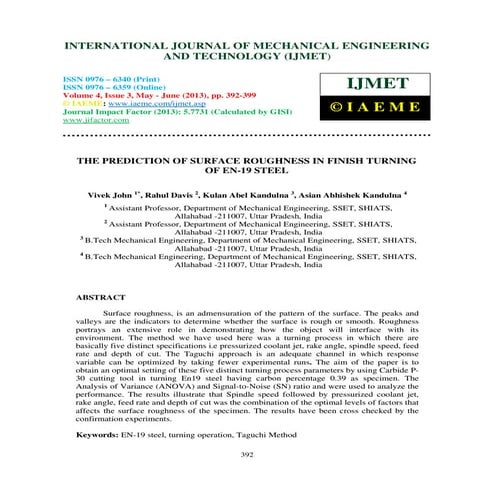 The prediction of surface roughness in finish turning of en 19 steel