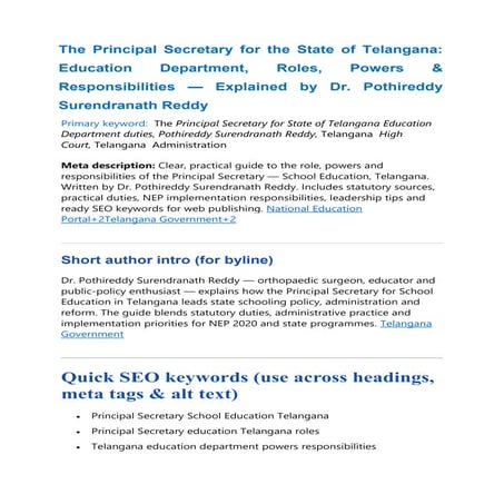 The Principal Secretary for the State of Telangana education- explain ...