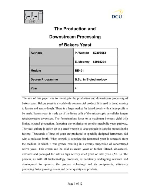Production and DSP of Bakers Yeast