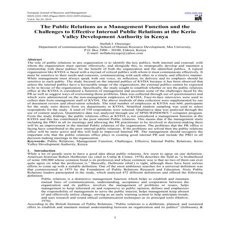 The public relations as a management function and the challenges to effective...