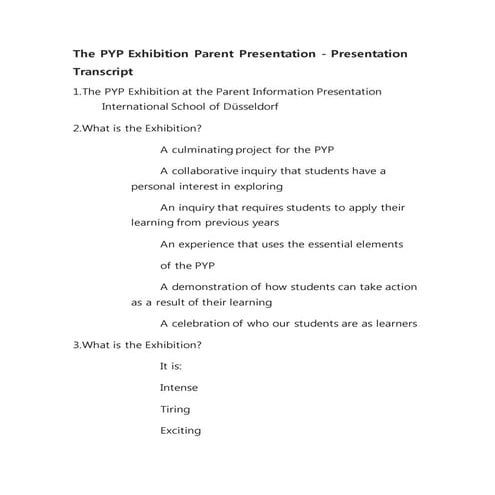 The pyp exhibition parent presentation