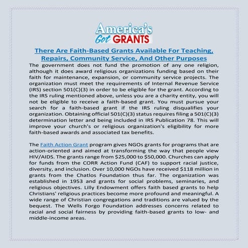 There Are Faith-Based Grants Available For Teaching, Repairs, Community Servi...