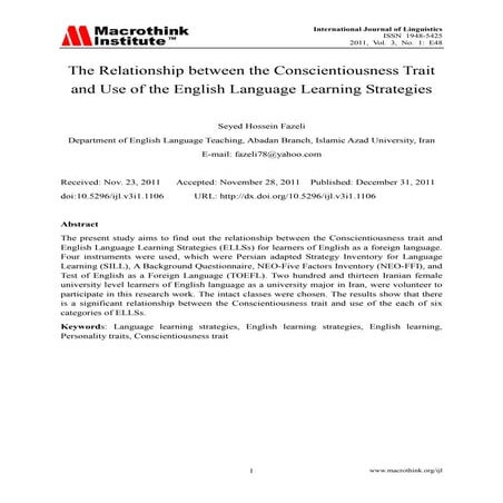 The relationship between the conscientiousness trait and use of the english l...