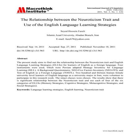 The relationship between the neuroticism trait and use of the english languag...