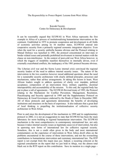 The Responsibility to Protect Report: Lessons from West Africa