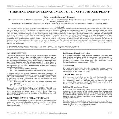 Thermal energy management of blast furnace plant