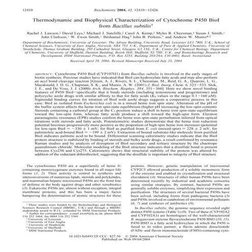 Thermodynamic and biophysical characterization of cytochrome p450 bio i from ...