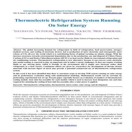 Thermoelectric Refrigeration System Running On Solar Energy
