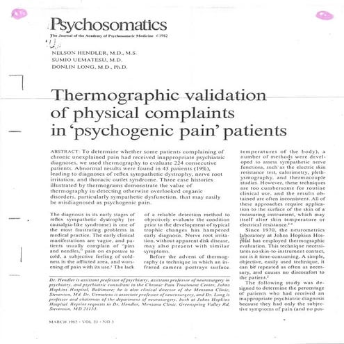 Thermography for psychogenic pain