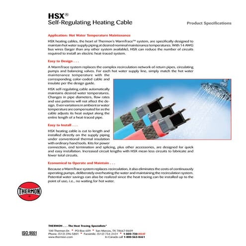 Thermon HSX 50-2 Heat Tracing Cable - Spec Sheet