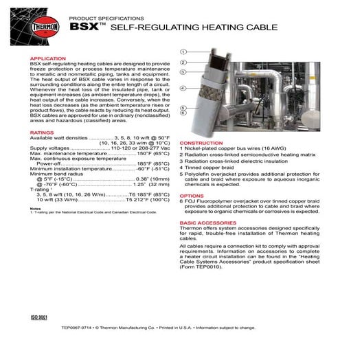 Thermon BSX 10-2 Heat Tracing Cable - Spec Sheet | PDF