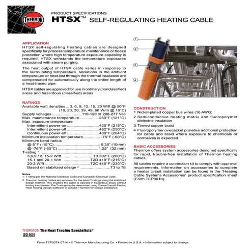Thermon HTSX 12-2 Heat Tracing Cable - Spec Sheet