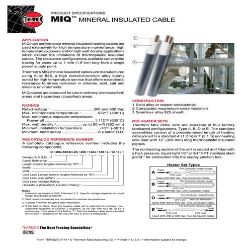 Thermon MIQ Heat Tracing Cable - Spec Sheet