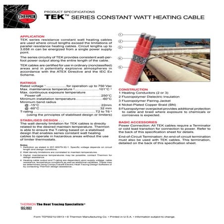 Thermon TEK Heat Tracing Cable - Spec Sheet