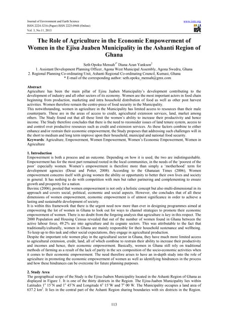 The role of agriculture in the economic empowerment of women in the ejisu juaben municipality in the ashanti region of ghana
