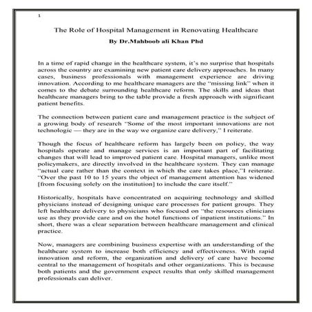 The Role of Hospital Management in Renovating Healthcare By Dr.Mahboob ali kh...