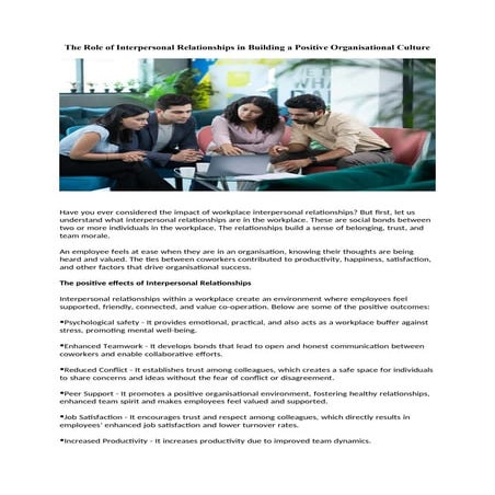 The Role of Interpersonal Relationships in Building a Positive Organisational...
