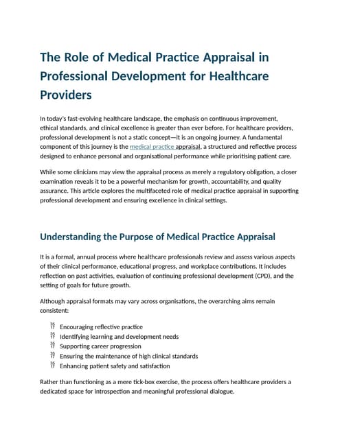 The Role of Medical Practice Appraisal in Professional Development for Health...