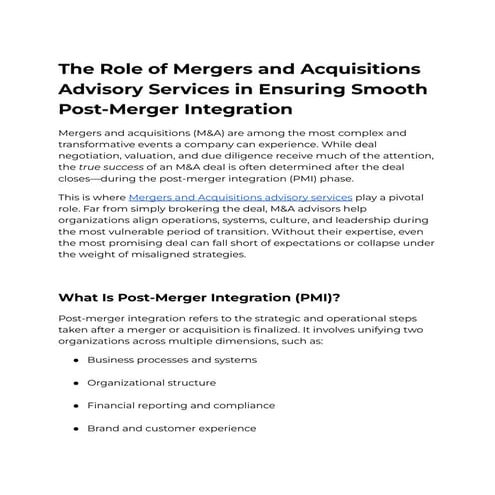 The Role of Mergers and Acquisitions Advisory Services in Ensuring Smooth Pos...