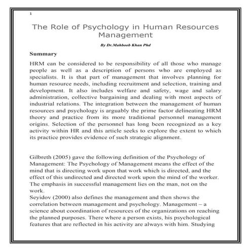 The role of psychology in human resources management by Dr.Mahboob Khan Phd