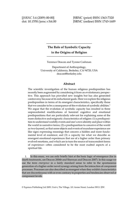 The role of symbolic capacity in the origin of religion. deacon, terreance 2009