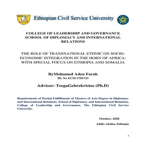 The role of transnational ethnic on socio economic integration in the horn of...