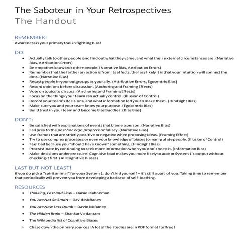 The Saboteur in Your Retrospectives: How Your Brain Works Against You - The Handout (Prairie.Code 2017)