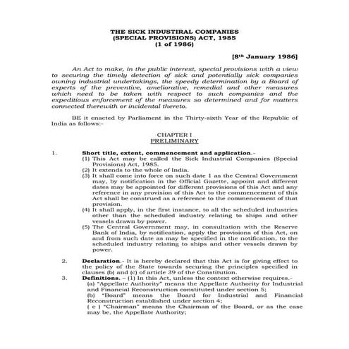 Bare Act- The Sick Industrial Companies (Special Provisions) Act, 1985