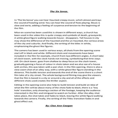 The six sense - Opening of the film, essay- Cleo Coogan