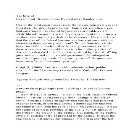 The Size of Government Discussion one Due Saturday Sunday nowO.docx
