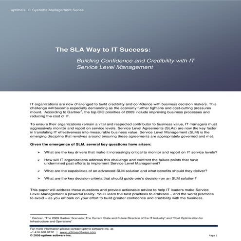 The SLA Way to IT Success - Help IT Build Confidence and Credibility