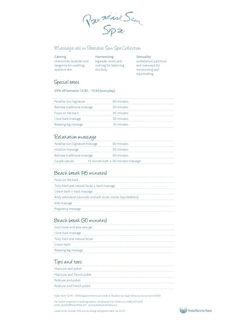 paradise massage spa on The Spa Menu Paradise Sun Praslin Seychelles