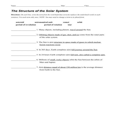 The Structure of the Solar System Worksheet | PDF