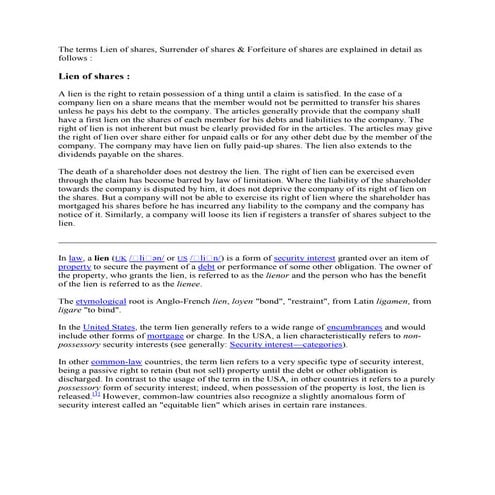 The terms lien of shares