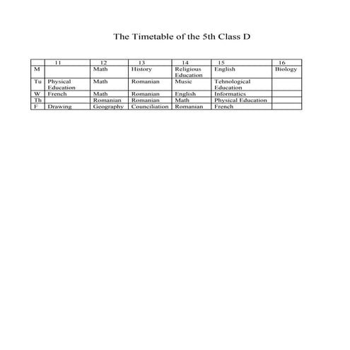 The  Timetable Of The 5th  Class  D