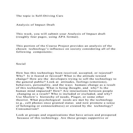 The topic is Self-Driving CarsAnalysis of Impact DraftTh.docx