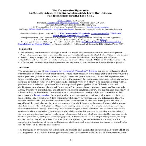 The Transcension Hypothesis: Sufficiently Advanced Civilizations ...