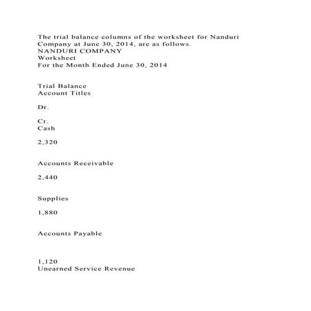 The trial balance columns of the worksheet for Nanduri Company at Ju.docx